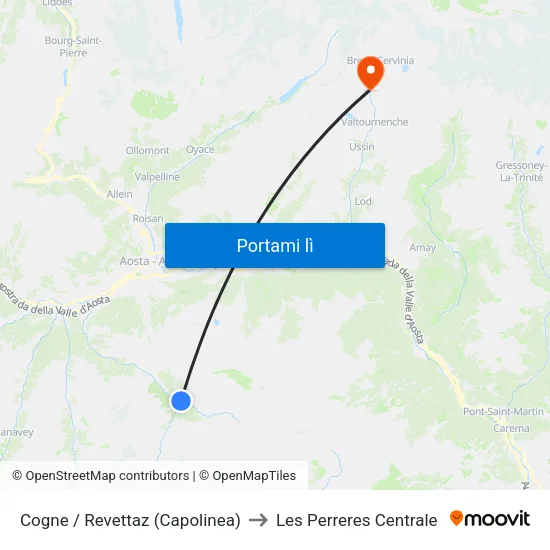 Cogne / Revettaz (Capolinea) to Les Perreres Centrale map