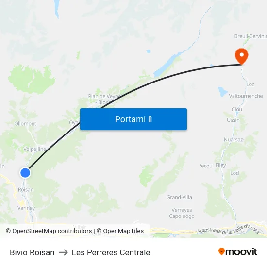 Bivio Roisan to Les Perreres Centrale map