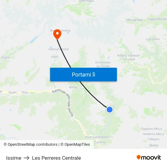 Issime to Les Perreres Centrale map