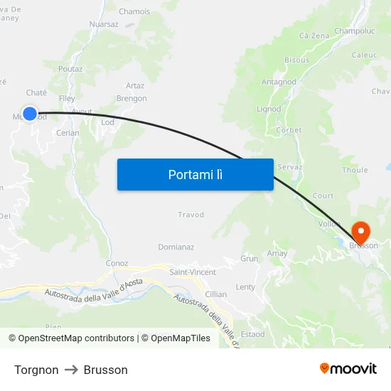 Torgnon to Brusson map