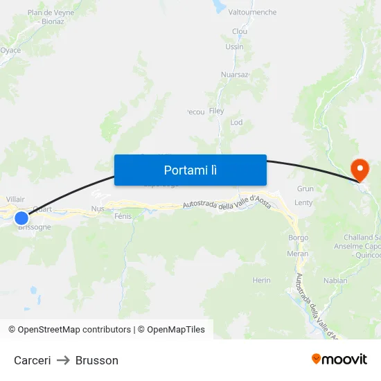 Carceri to Brusson map