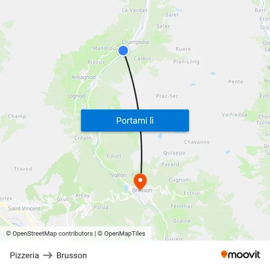 Pizzeria to Brusson map