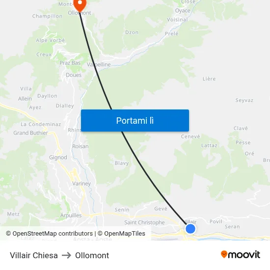 Villair Chiesa to Ollomont map