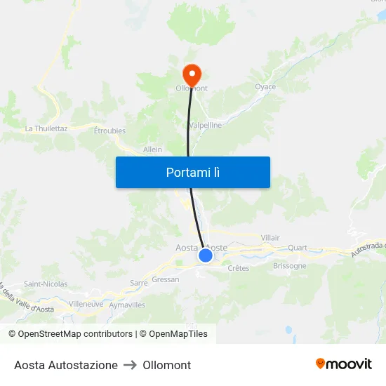 Aosta Autostazione to Ollomont map