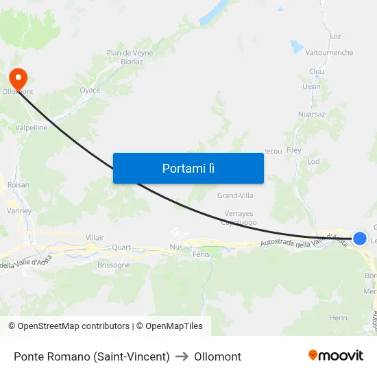 Ponte Romano (Saint-Vincent) to Ollomont map