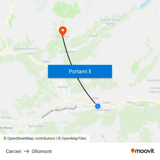 Carceri to Ollomont map
