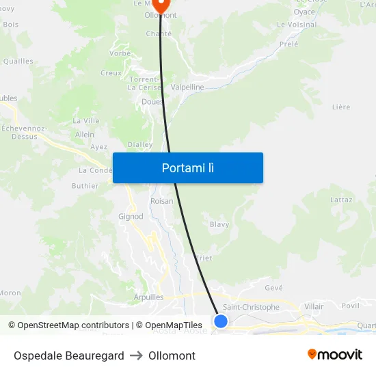 Ospedale Beauregard to Ollomont map