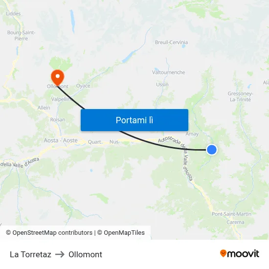 La Torretaz to Ollomont map