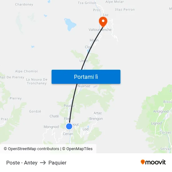 Poste - Antey to Paquier map