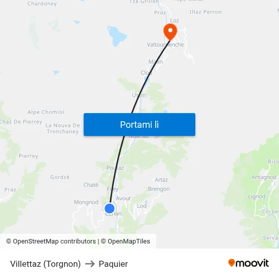 Villettaz (Torgnon) to Paquier map