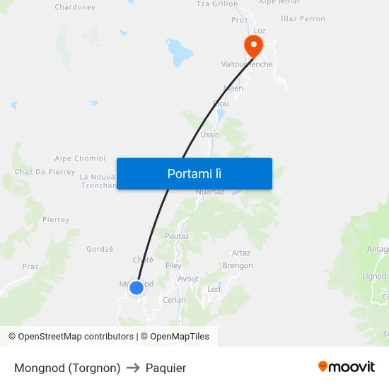 Mongnod (Torgnon) to Paquier map