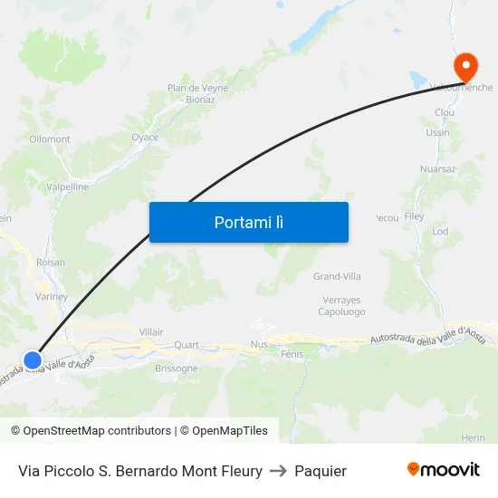 Via Piccolo S. Bernardo Mont Fleury to Paquier map