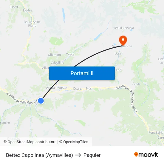 Bettex Capolinea (Aymavilles) to Paquier map