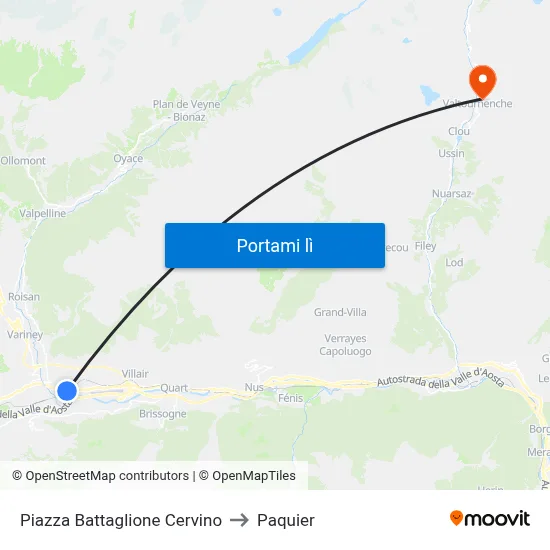 Piazza Battaglione Cervino to Paquier map