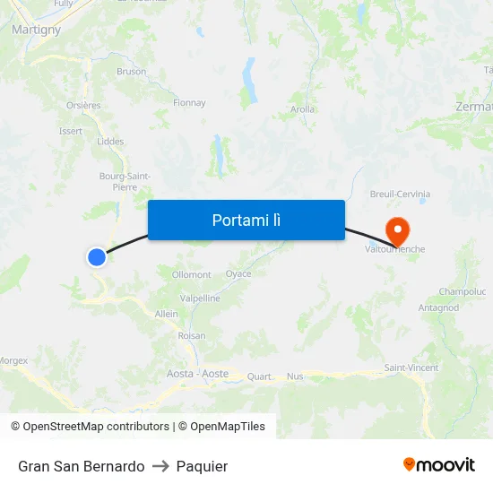 Gran San Bernardo to Paquier map