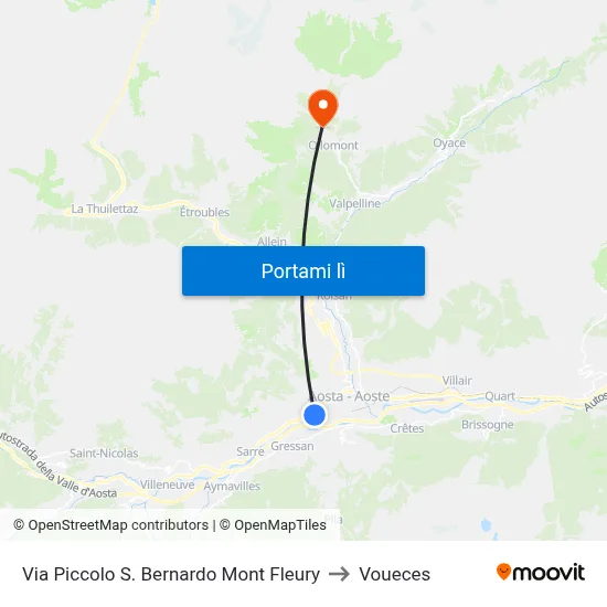 Via Piccolo S. Bernardo Mont Fleury to Voueces map