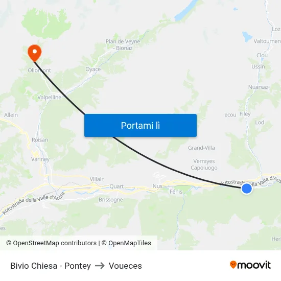 Bivio Chiesa - Pontey to Voueces map