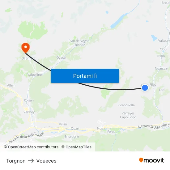 Torgnon to Voueces map