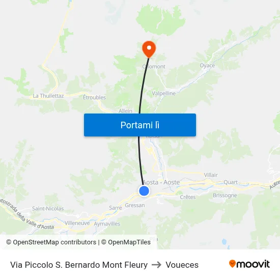 Via Piccolo S. Bernardo Mont Fleury to Voueces map