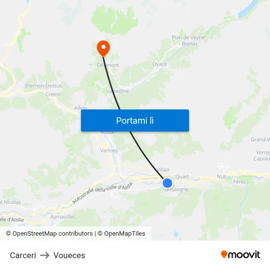 Carceri to Voueces map