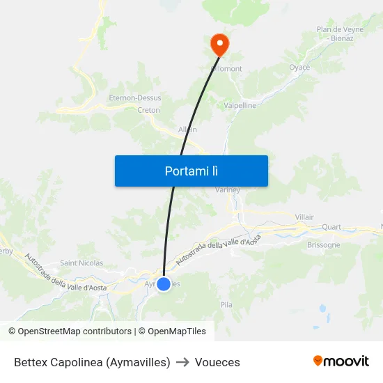Bettex Capolinea (Aymavilles) to Voueces map