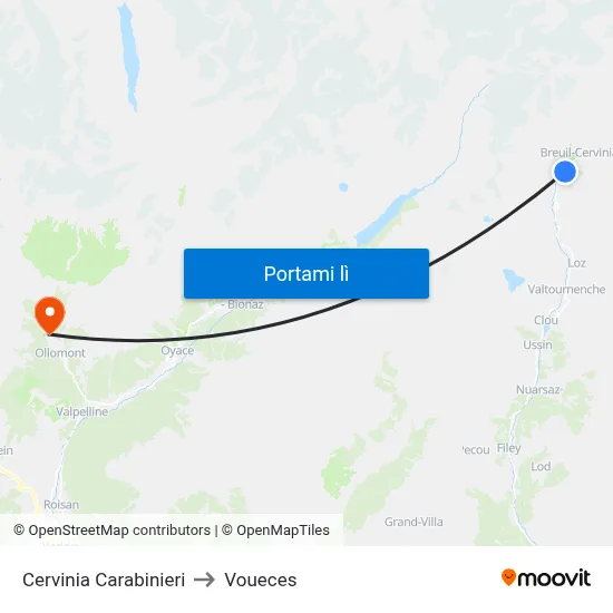 Cervinia Carabinieri to Voueces map