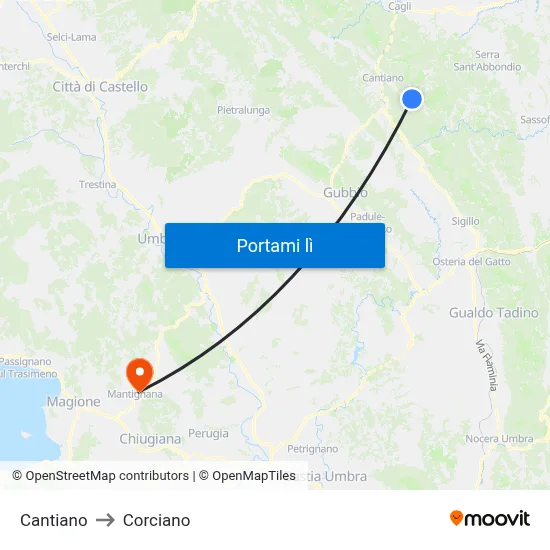 Cantiano to Corciano map