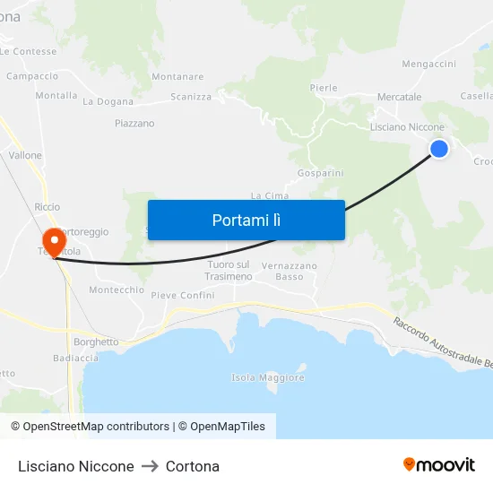 Lisciano Niccone to Cortona map