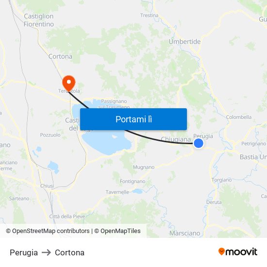 Perugia to Cortona map