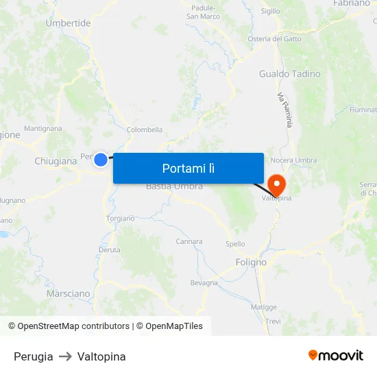Perugia to Valtopina map