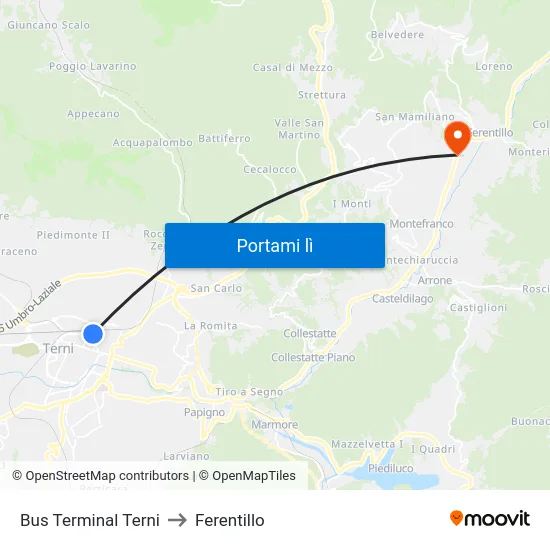 Bus Terminal Terni to Ferentillo map