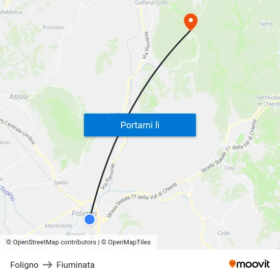Foligno to Fiuminata map