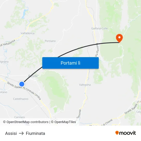 Assisi to Fiuminata map