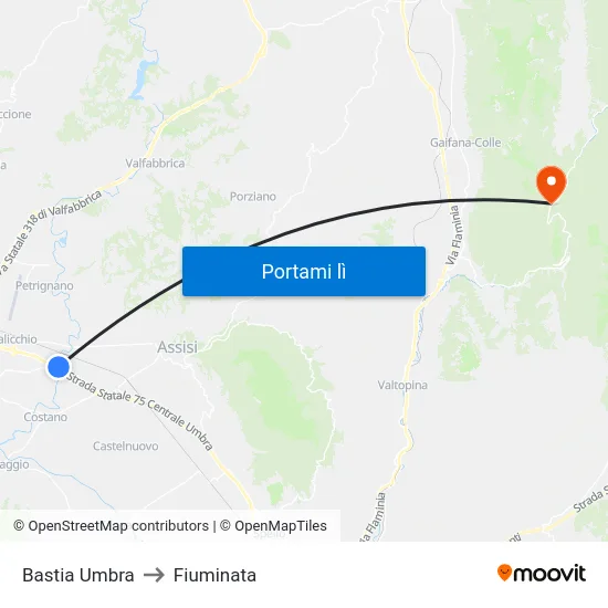 Bastia Umbra to Fiuminata map