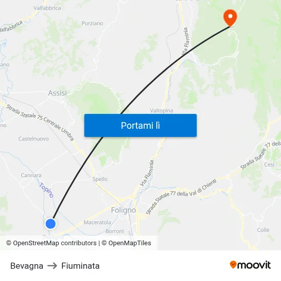 Bevagna to Fiuminata map