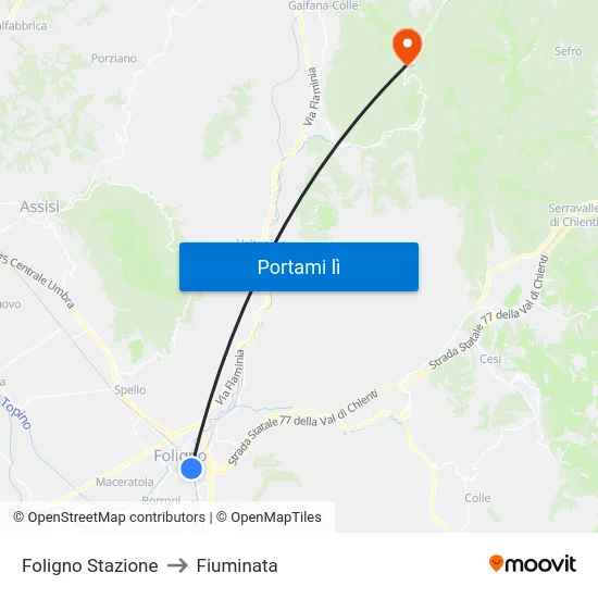 Foligno Stazione to Fiuminata map