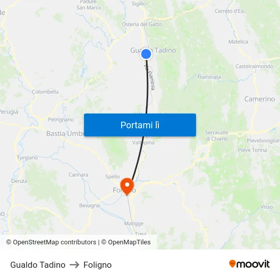 Gualdo Tadino to Foligno map