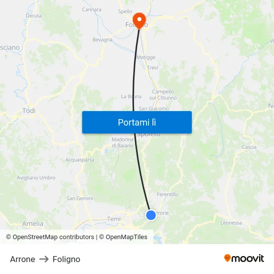 Arrone to Foligno map