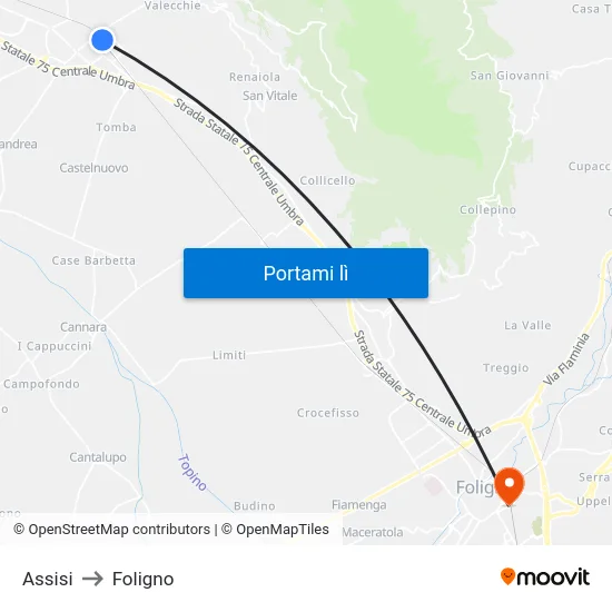 Assisi to Foligno map