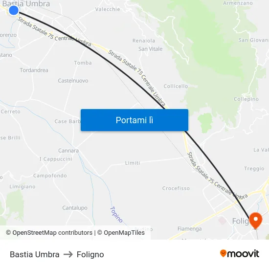 Bastia Umbra to Foligno map