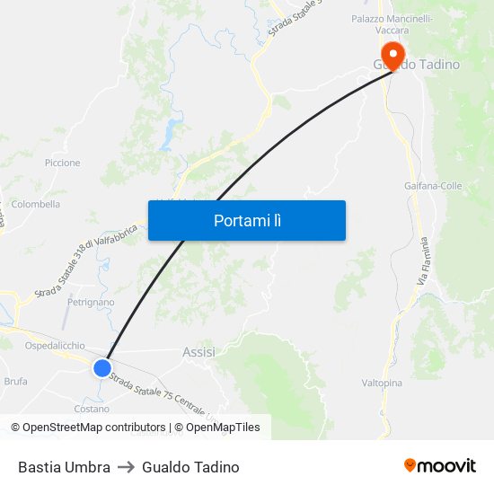 Bastia Umbra to Gualdo Tadino map