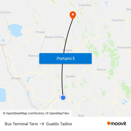 Bus Terminal Terni to Gualdo Tadino map