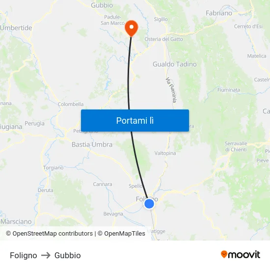 Foligno to Gubbio map