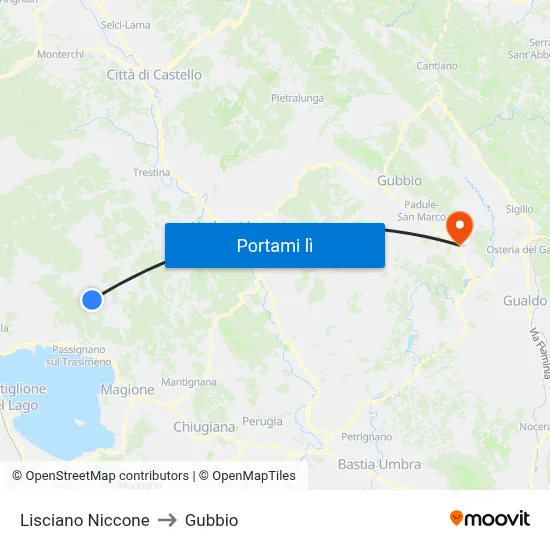 Lisciano Niccone to Gubbio map