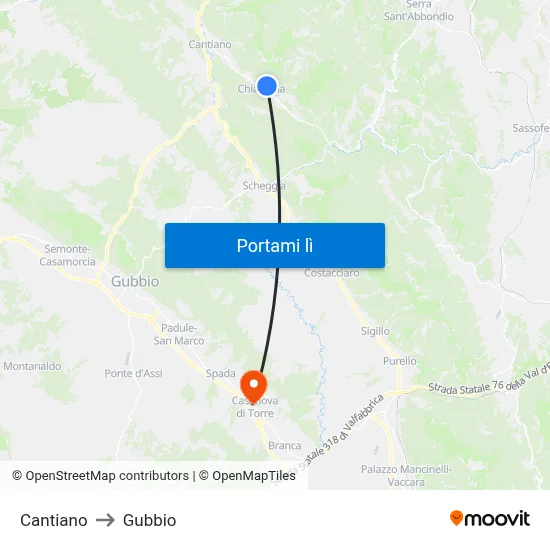 Cantiano to Gubbio map