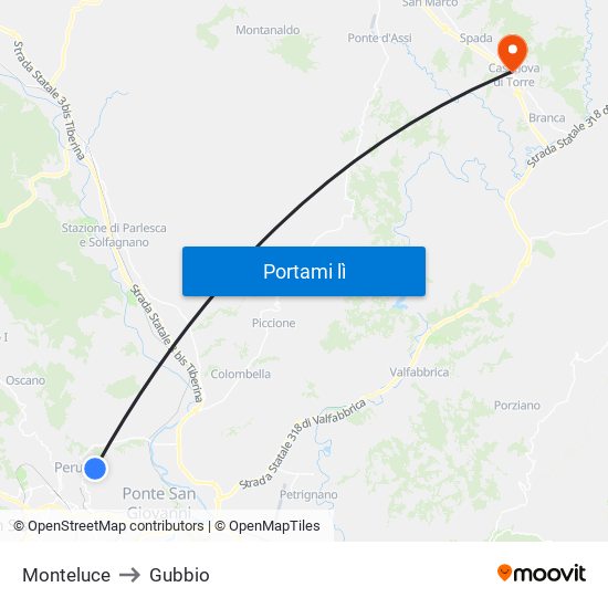 Monteluce to Gubbio map