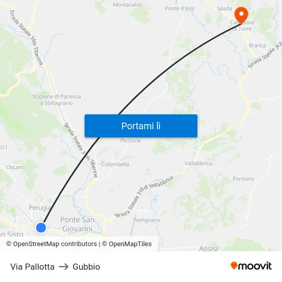 Via Pallotta to Gubbio map