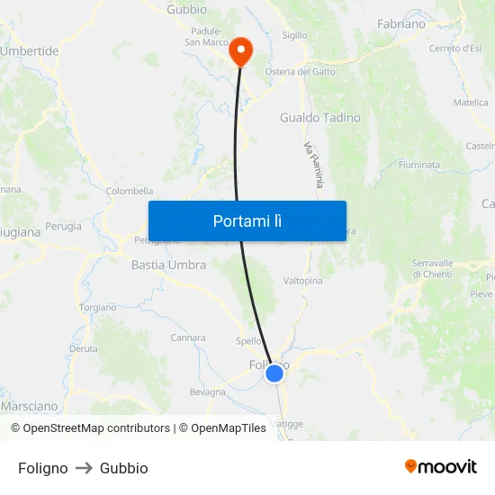 Foligno to Gubbio map