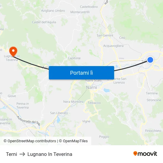 Terni to Lugnano In Teverina map