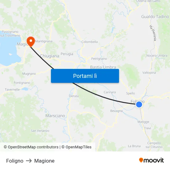 Foligno to Magione map